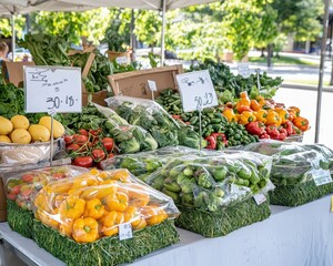 packing products protection sustainability Concept. Fresh produce displayed at a market stall, featuring a variety of colorful vegetables and fruits.