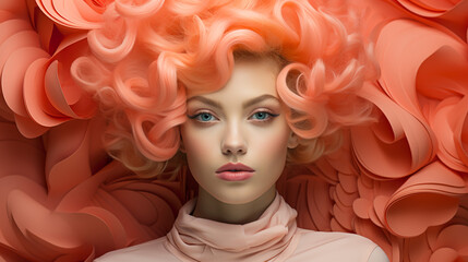 Naklejka premium Make up. Modella con capelli color salmone.