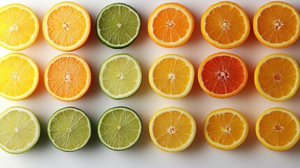 Fototapeta premium A vibrant array of freshly cut citrus fruits showcases an inviting palette in a uniform layout. Each fruit reveals its juicy interior, inviting taste and sunshine