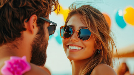 Smiling couple enjoying a festive outdoor event surrounded by colorful decorations and sunlight, exuding joy and celebration. The scene captures lively emotions during a summer party.