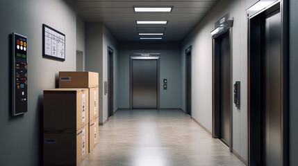 Cargo elevators with closed and open doors in hallway. Vector realistic empty modern interior with lifts, cardboard boxes in cabin, metal panel with buttons and floor display on wall