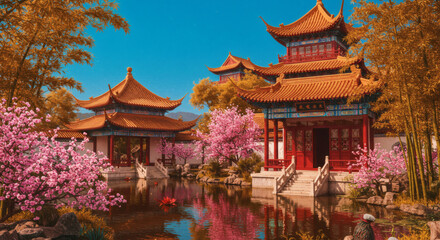 Fototapeta premium Serene Asian Garden Temples Cherry Blossoms Pond Reflection