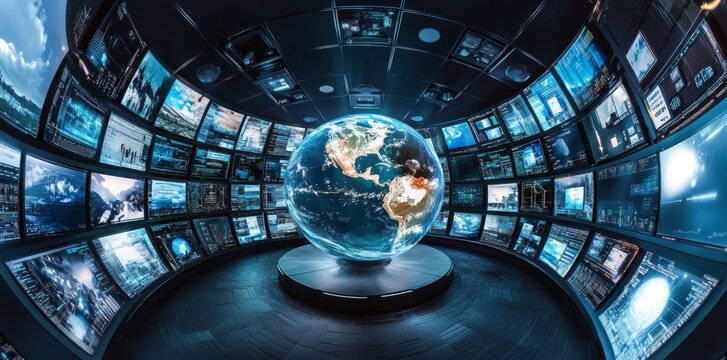 Global Network Monitoring Center: A futuristic visualization of worldwide data streams and connectivity, showcasing a 3D Earth model surrounded by numerous screens displaying information.