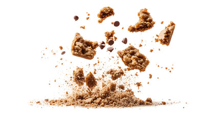 Chocolate Chip Cookies Crumble Explosively, Delicious Brown Sugar Fragments Isolated on White Background