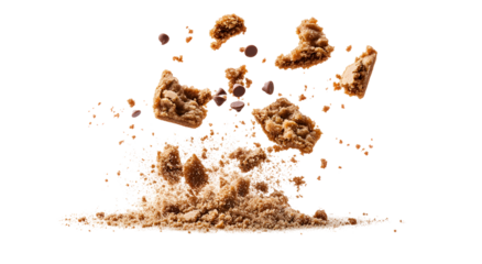 Chocolate Chip Cookies Crumble Explosively, Delicious Brown Sugar Fragments Isolated on White Background