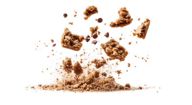 Chocolate Chip Cookies Crumble Explosively, Delicious Brown Sugar Fragments Isolated on White Background