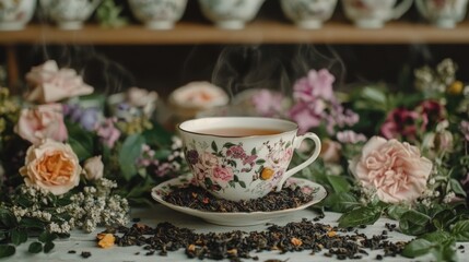 Elegant Floral Tea Cup Set with Loose Tea and Fresh Flowers, Perfect for a Relaxing Afternoon or Gift