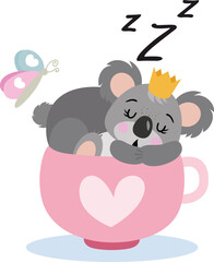 Koala prince sleeping inside a cup