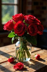 bouquet of red roses on the table
