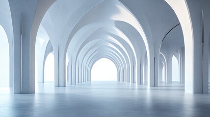 White archway hall, bright interior,  modern design, empty space