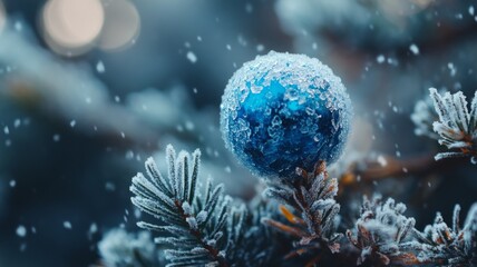 Fototapeta premium Frosted Blue Christmas Ornament on Snowy Branch