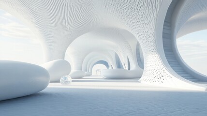 White futuristic hallway, arched design, sky view, serene space, interior design