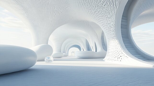 White futuristic hallway, arched design, sky view, serene space, interior design