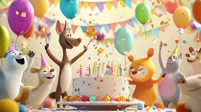 A cartoon of a birthday party with a cake and balloons - Powered by Adobe