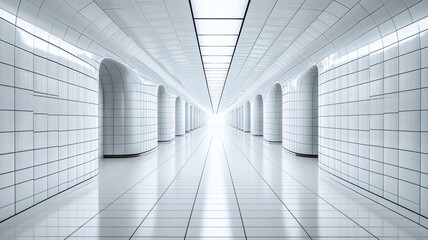 White tiled tunnel, bright light ahead, modern architecture, interior design