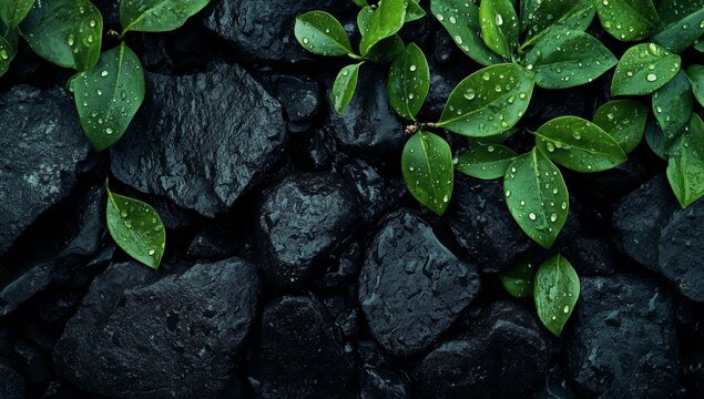 Lush green leaves with water droplets on dark stones.