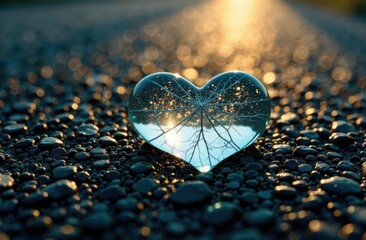 glass broken heart on the ground