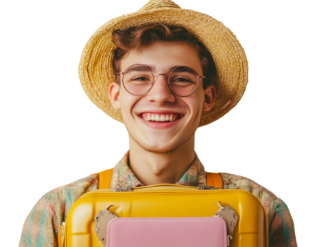 A young man wearing a straw hat and glasses smiles while carrying a yellow suitcase. - Powered by Adobe