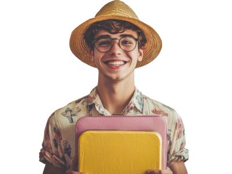 A smiling young man in a straw hat and floral shirt holds two suitcases, ready for a summer trip.