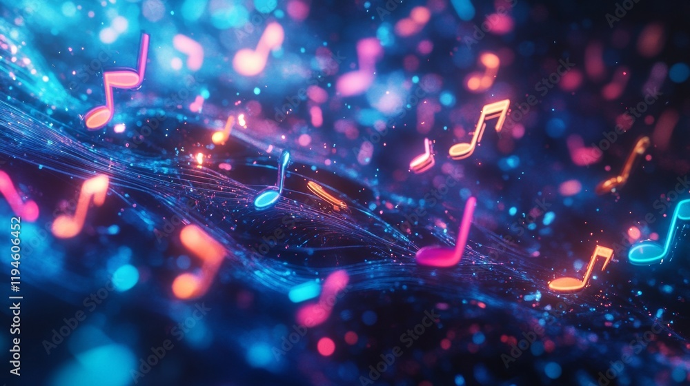 Poster abstract neon music notes floating in a sparkling digital wave