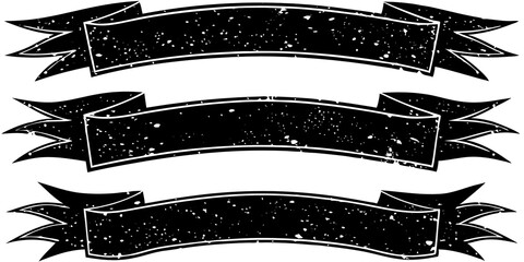 Set of three distressed black vintage ribbon banners on white background, ideal for retro designs, labels, logos, or decorative graphic elements.