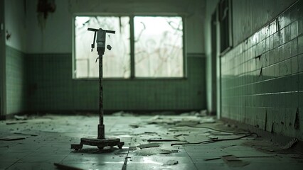 Abandoned room with a medical stand, debris scattered, and eerie light filtering through windows
