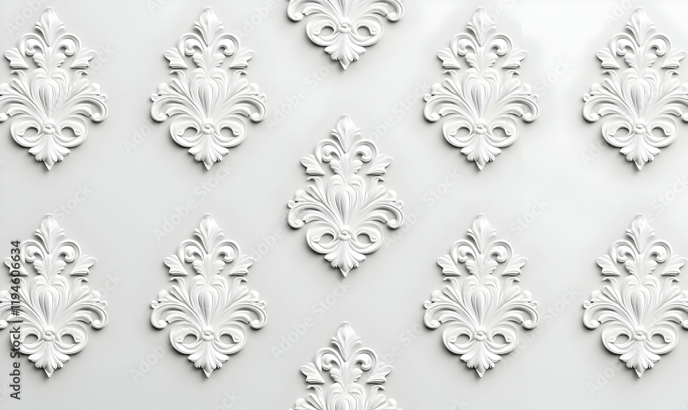 Poster elegant white damask pattern on a soft gray backdrop, showcasing intricate designs that blend classi