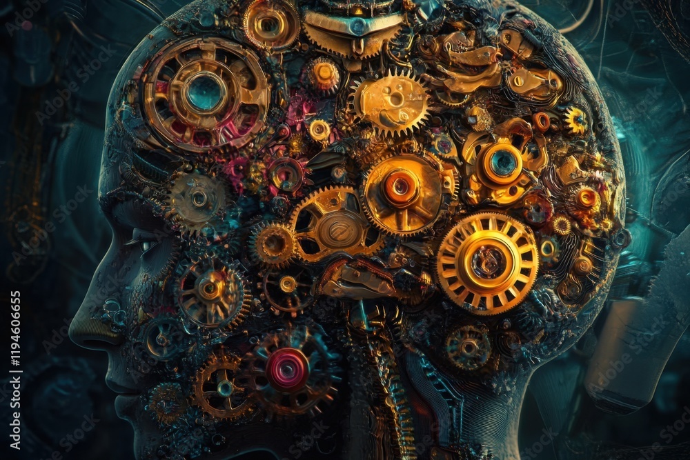 Poster a head with gears and a clock on it