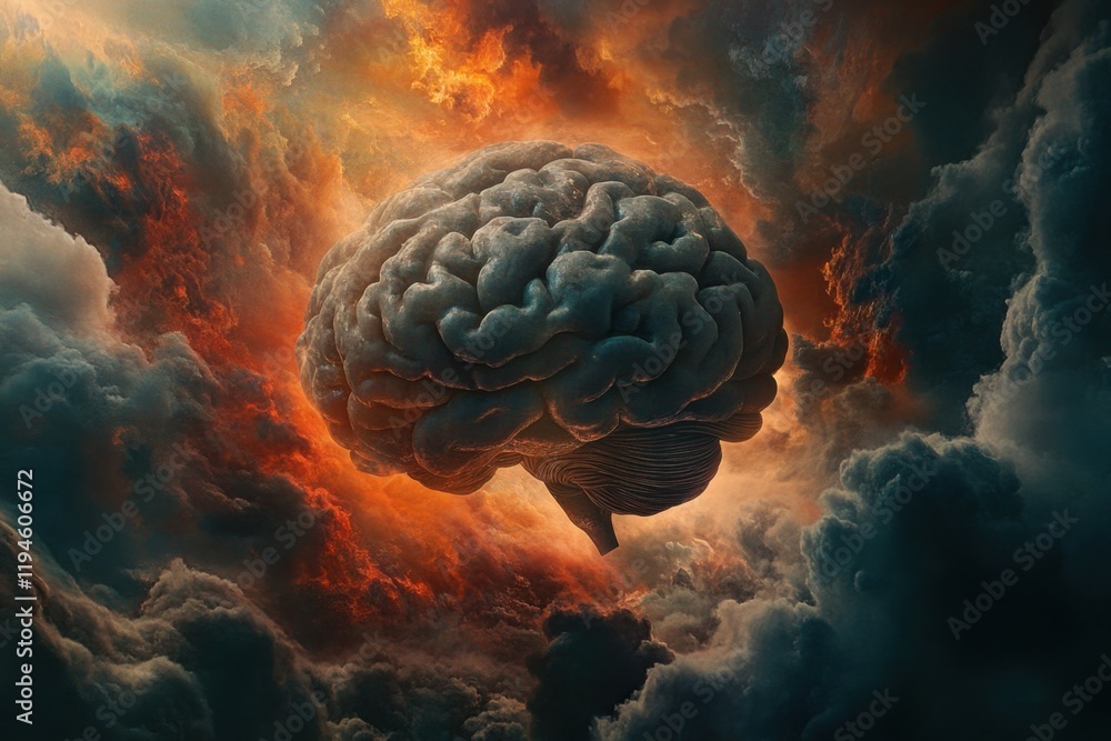 Poster a brain is floating in the sky with orange clouds surrounding it