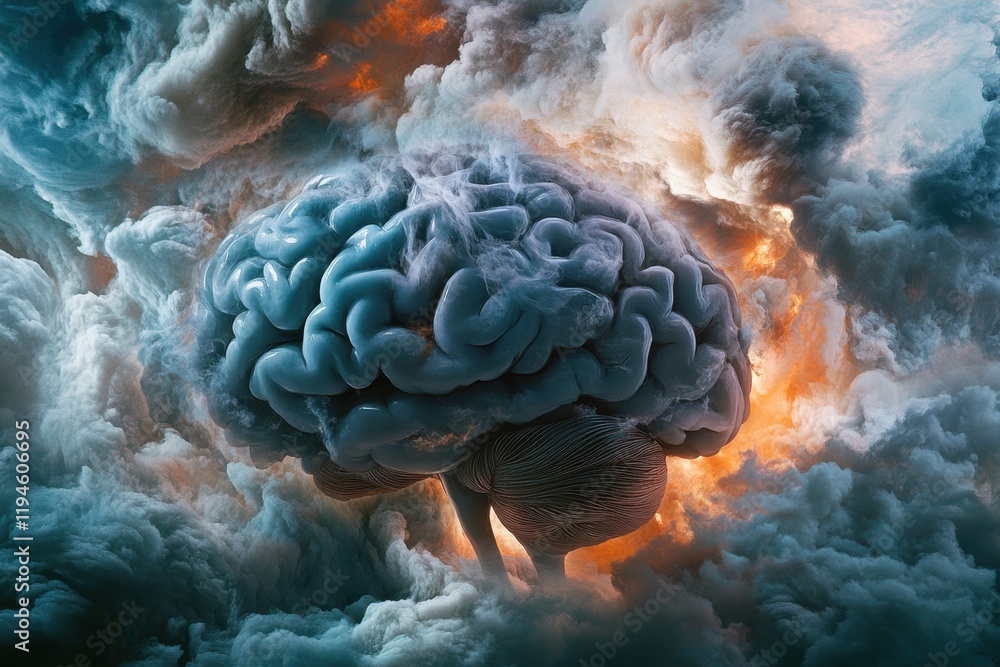 Poster a brain is floating in the sky with orange clouds surrounding it
