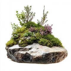 Miniature alpine garden on rock, isolated, white background, nature decor