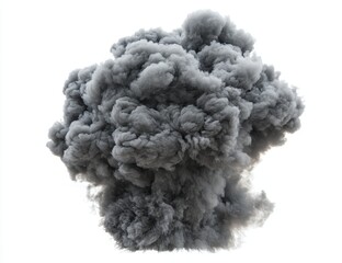Dense grey smoke plume isolated on white background.