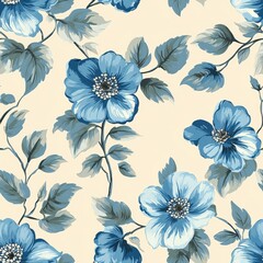 Elegant Vintage Floral Pattern with Soft Blue Flowers on a Light Cream Background for Timeless Design Inspiration and Aesthetic Appeal
