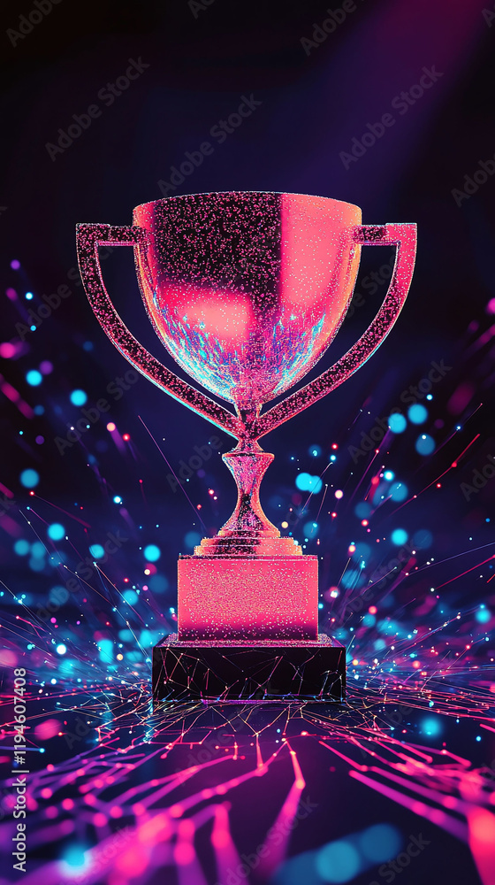 Poster digital illustration of a glowing trophy symbolizing recognition in a virtual workspace.