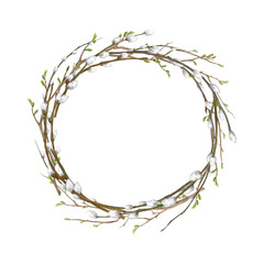 Willow wreath with fluffy buds and branches with green buds. Watercolor digital illustration. Round frame of branches, isolated on white background. Easter, boho and spring theme