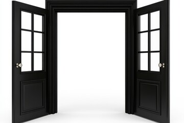 Open black double doors with glass panes, isolated on white.