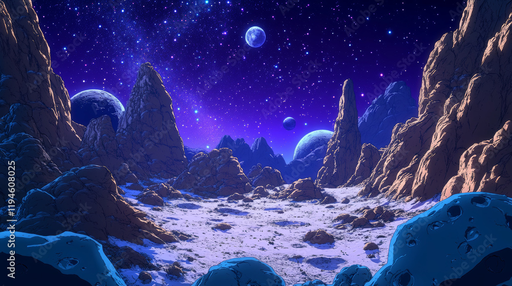 Poster alien planet surface with craters on background of deep cosmos sky with space bodies. cartoon vector