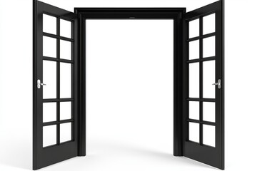 Open black double doors with glass panes.