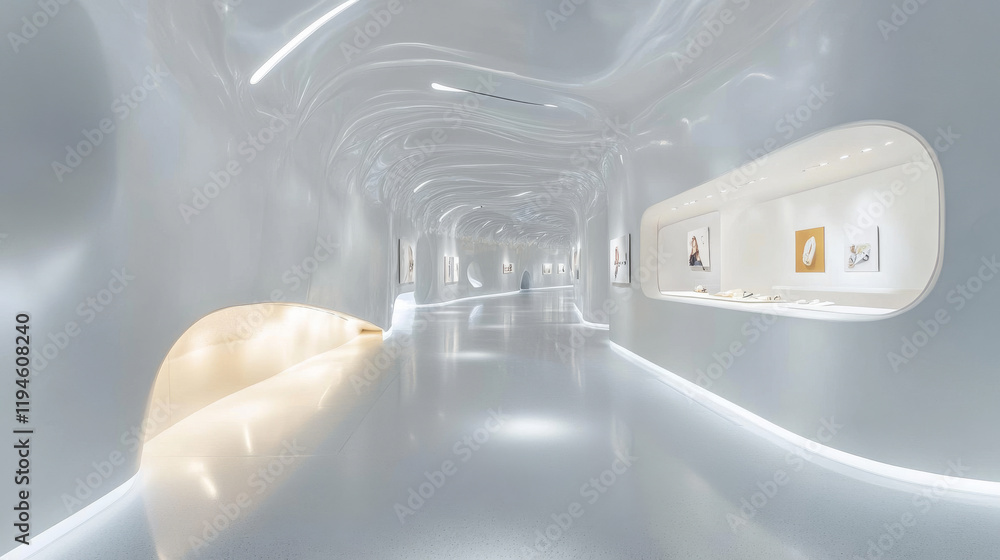 Poster 3d realistic white abstract room with tunnel. empty illuminated museum corridor in vector. empty stu