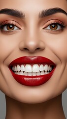 Fototapeta premium A close-up of a woman's perfect white teeth and bold red lips, smiling brightly. Beauty, confidence, and dental care concept