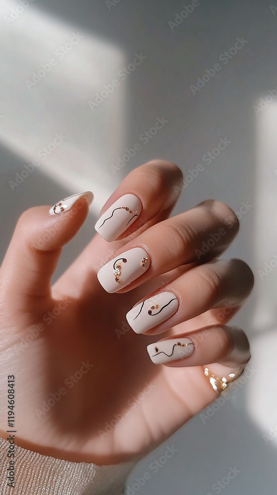 Poster manicurist creating a minimalist nail art design with clean lines and shapes.