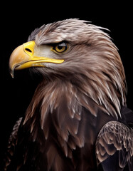 Retrato primer plano de un águila imperial mirando de perfil sobre fondo negro