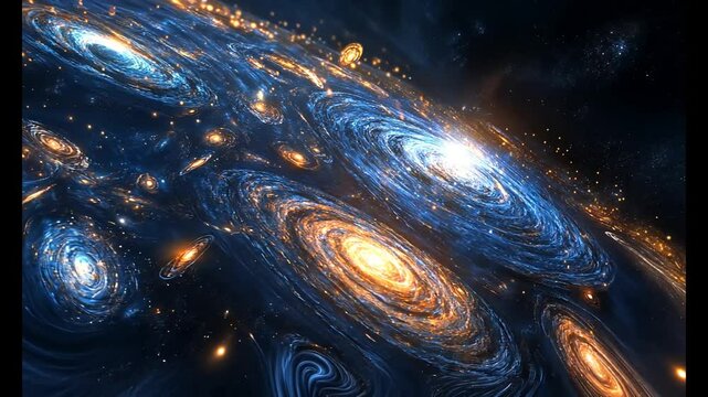Stunning cosmic swirl of galaxies and nebulae in vibrant blue and orange hues.