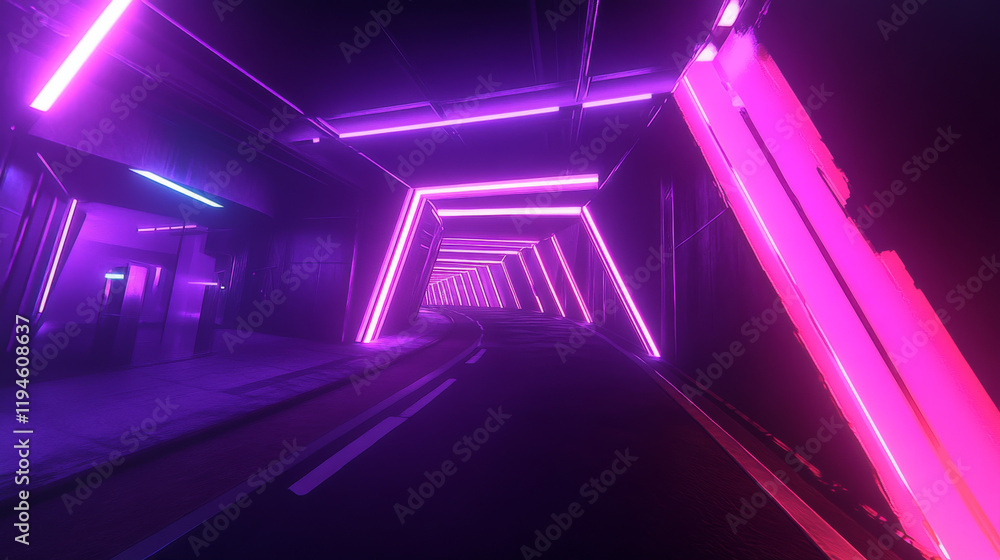 Aufkleber neon light tunnel perspective. vector realistic illustration of dark hall with triangular shape geom
