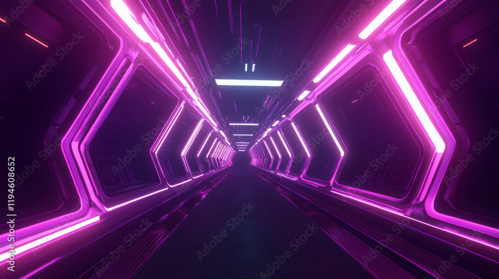 Aufkleber neon light tunnel perspective. vector realistic illustration of dark hall with triangular shape geom