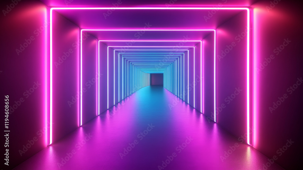 Poster neon light tunnel perspective. vector realistic illustration of dark hall with triangular shape geom