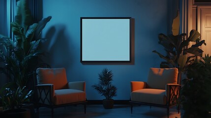 Empty square frame on wall between two armchairs in a dimly lit room with plants.
