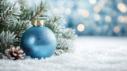 Sparkling Blue Christmas Ornament in Snowy Winter Scene