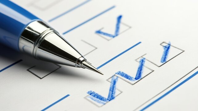 Close-up of pen on checklist with checkmarks.