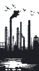 Monochrome industrial landscape with tall chimneys and factory silhouettes.